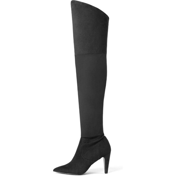 Women's Black/Suede Faux Leather Thigh High Over The Knee Long Pointed Toe Boots - Picture 2 of 7